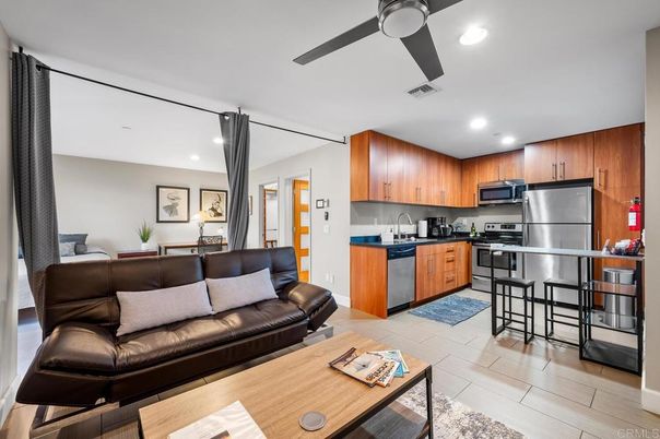 Interior, Kitchen, Living room, Recessed Lighting, Stainless Steel Appliances, Wood Texture Flooring