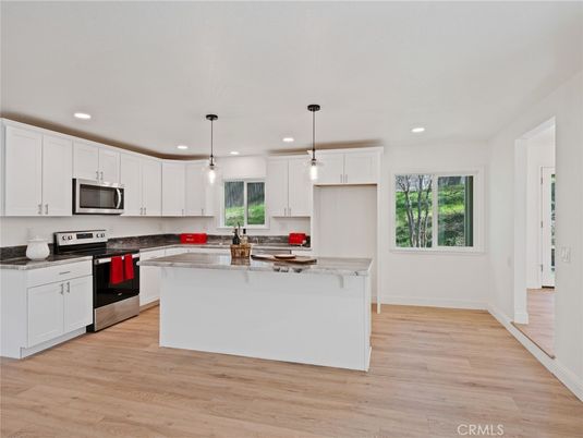 Interior, Kitchen, Pendant Lights, Recessed Lighting, Stainless Steel Appliances, Wood Texture Flooring