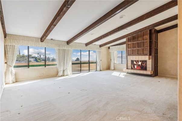 Empty room, Fireplace, Interior, Recessed Lighting, Wooden Beams