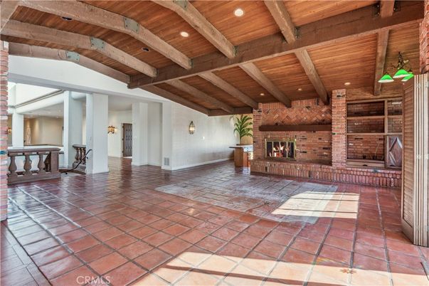 Fireplace, Interior, Pendant Lights, Recessed Lighting, Stone Walls, Wooden Beams, Wooden Ceilings