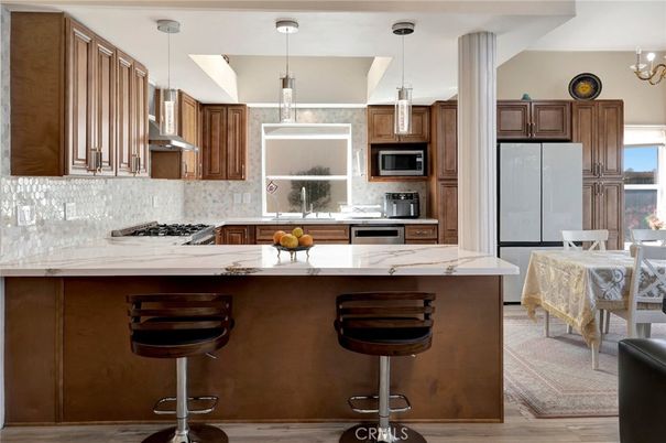 Interior, Kitchen, Pendant Lights, Stainless Steel Appliances, Wood Texture Flooring