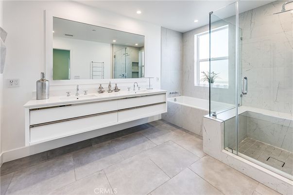Bathroom, Dual Sink Vanities, Glass Shower, Interior, Marble Walls, Recessed Lighting