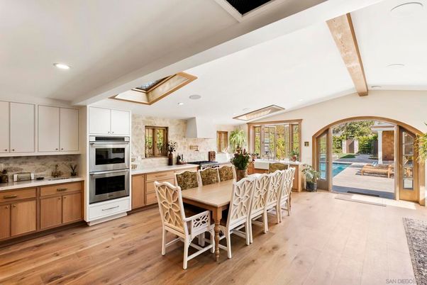 Dining room, Interior, Kitchen, Recessed Lighting, Stainless Steel Appliances, Wooden Beams, Wood Texture Flooring