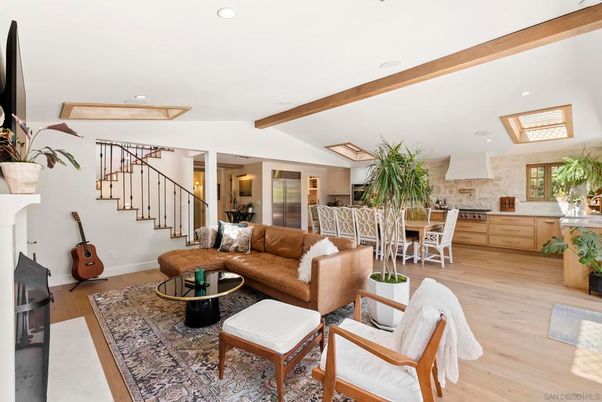 Dining room, Interior, Kitchen, Living room, Recessed Lighting, Stone Walls, Wooden Beams, Wood Texture Flooring