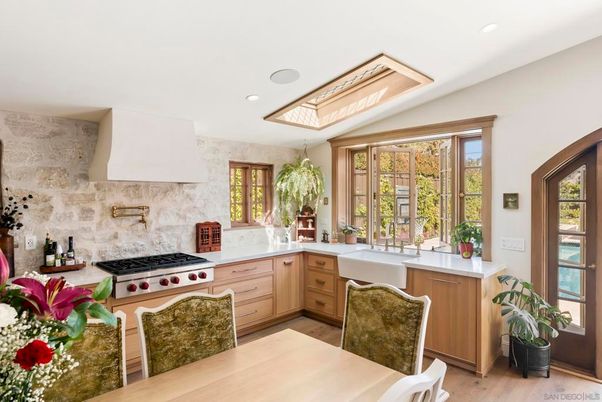 Dining room, Interior, Kitchen, Recessed Lighting, Stainless Steel Appliances, Stone Walls, Wood Texture Flooring