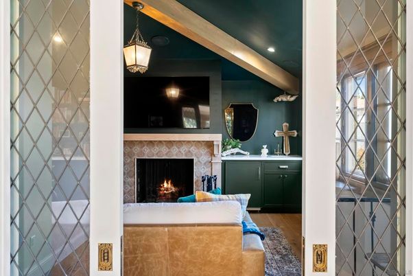 Fireplace, Interior, Pendant Lights, Recessed Lighting, Wood Texture Flooring