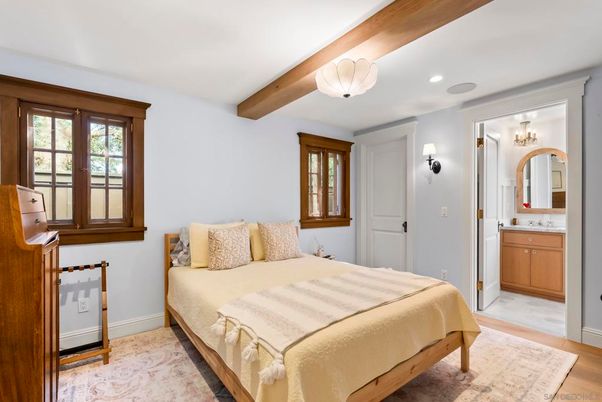 Bedroom, Interior, Recessed Lighting, Wooden Beams, Wood Texture Flooring