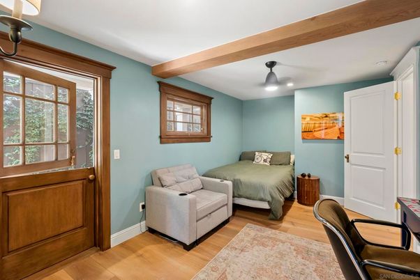 Bedroom, Interior, Recessed Lighting, Wooden Beams, Wood Texture Flooring