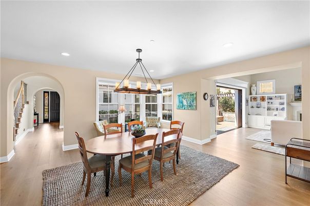 Dining room, Interior, Pendant Lights, Recessed Lighting, Wood Texture Flooring