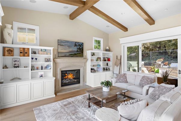Fireplace, Interior, Living room, Recessed Lighting, Wooden Beams, Wood Texture Flooring