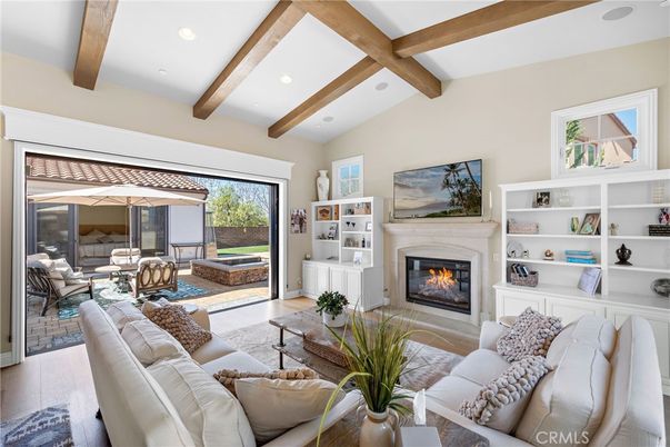 Fireplace, Interior, Living room, Recessed Lighting, Wooden Beams