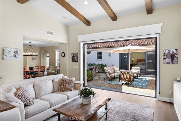Dining room, Interior, Living room, Pendant Lights, Recessed Lighting, Wooden Beams, Wood Texture Flooring