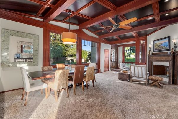 Dining room, Fireplace, Interior, Pendant Lights, Recessed Lighting, Wooden Beams