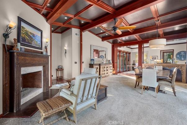Dining room, Fireplace, Interior, Recessed Lighting, Wooden Beams