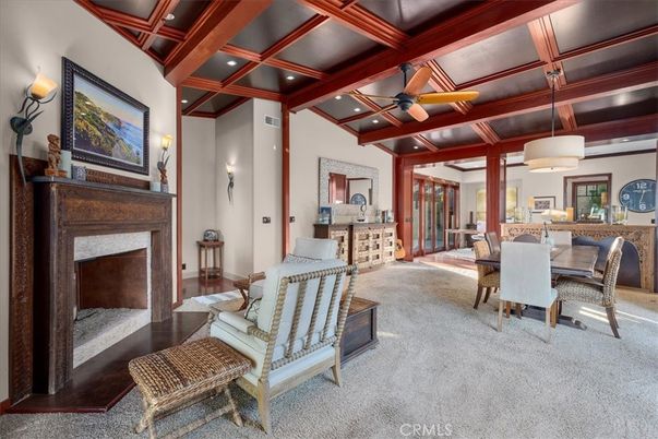 Dining room, Fireplace, Interior, Recessed Lighting, Wooden Beams
