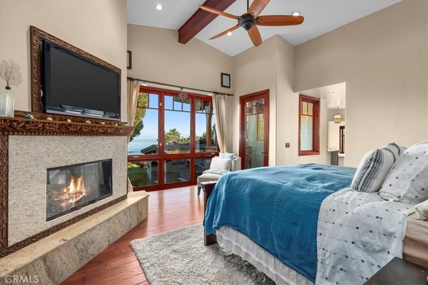 Bedroom, Fireplace, Interior, Recessed Lighting, Wooden Beams, Wood Texture Flooring
