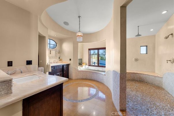 Bathroom, Chandelier, Dual Sink Vanities, Interior, Pendant Lights, Recessed Lighting