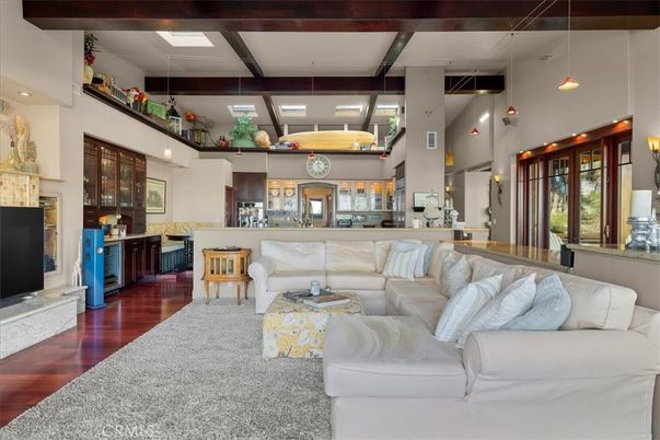 Fireplace, Interior, Kitchen, Living room, Pendant Lights, Recessed Lighting, Wooden Beams, Wood Texture Flooring