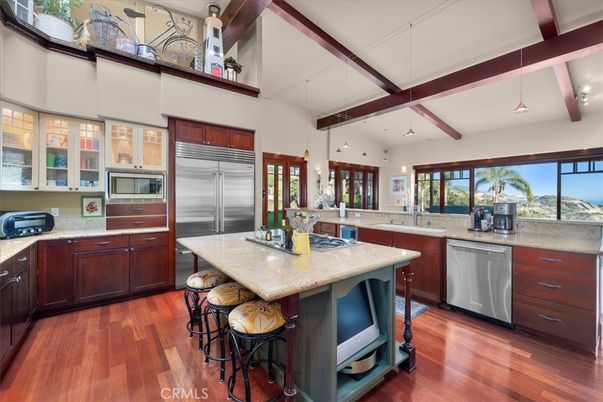 Interior, Kitchen, Pendant Lights, Recessed Lighting, Stainless Steel Appliances, Wooden Beams, Wood Texture Flooring