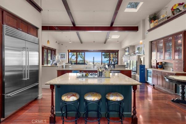 Interior, Kitchen, Pendant Lights, Stainless Steel Appliances, Wooden Beams, Wood Texture Flooring