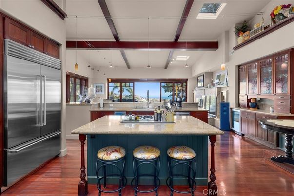 Interior, Kitchen, Pendant Lights, Stainless Steel Appliances, Wooden Beams, Wood Texture Flooring