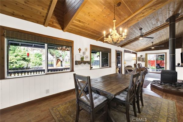 Chandelier, Dining room, Fireplace, Interior, Wooden Beams, Wooden Ceilings, Wood Texture Flooring
