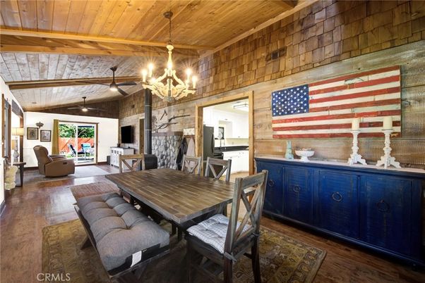 Chandelier, Dining room, Fireplace, Interior, Wooden Beams, Wooden Ceilings, Wood Texture Flooring, Wooden Walls