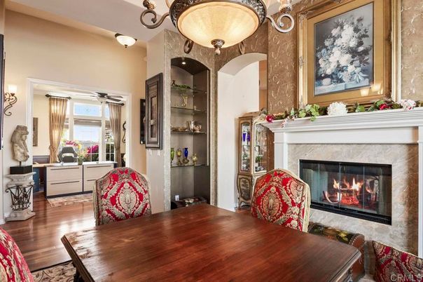 Dining room, Fireplace, Interior, Wood Texture Flooring