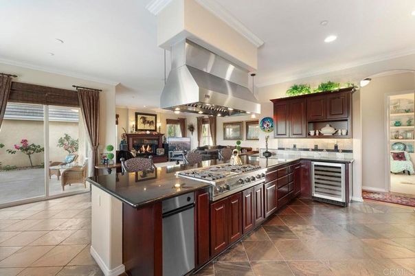 Fireplace, Interior, Kitchen, Pendant Lights, Recessed Lighting, Stainless Steel Appliances
