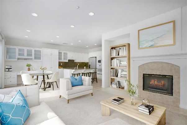 Dining room, Fireplace, Interior, Kitchen, Living room, Recessed Lighting