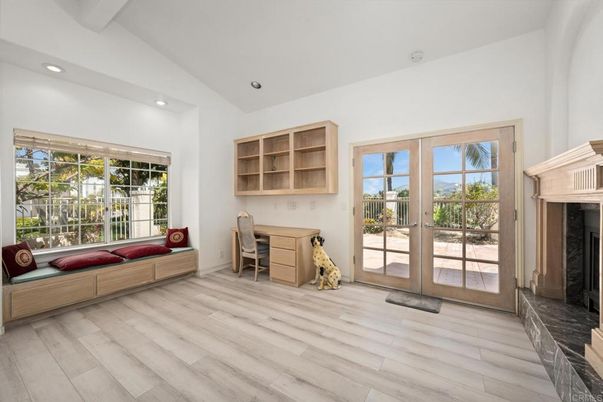Fireplace, Home Office, Interior, Recessed Lighting, Wood Texture Flooring
