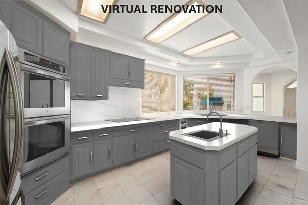 Interior, Kitchen, Marble Walls, Recessed Lighting, Stainless Steel Appliances