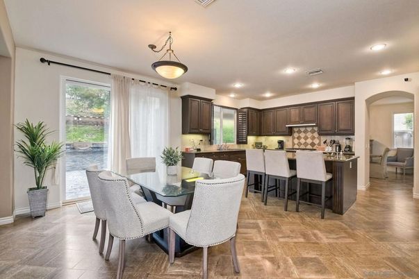 Dining room, Interior, Kitchen, Recessed Lighting, Wood Texture Flooring