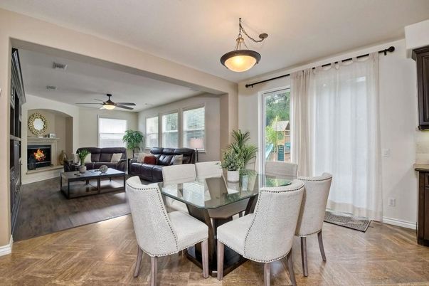 Dining room, Fireplace, Interior, Living room, Pendant Lights, Wood Texture Flooring