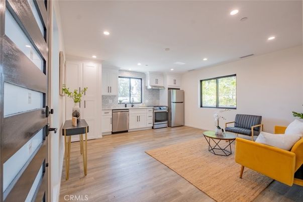 Interior, Kitchen, Living room, Recessed Lighting, Stainless Steel Appliances, Wood Texture Flooring