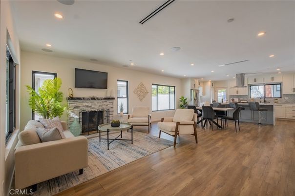 Dining room, Fireplace, Interior, Kitchen, Living room, Pendant Lights, Recessed Lighting, Wood Texture Flooring