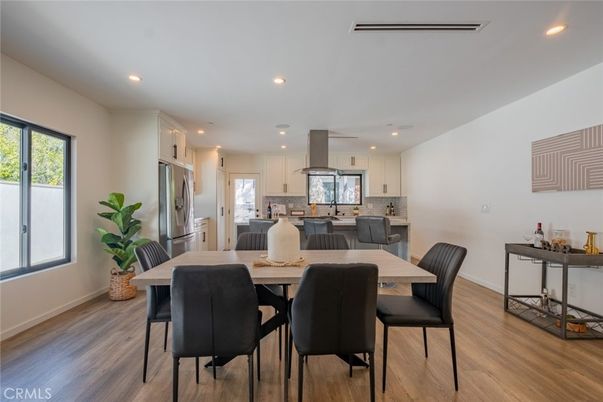 Dining room, Interior, Kitchen, Recessed Lighting, Stainless Steel Appliances, Wood Texture Flooring