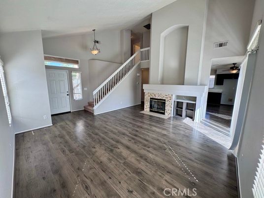 Empty room, Fireplace, Interior, Pendant Lights, Wood Texture Flooring