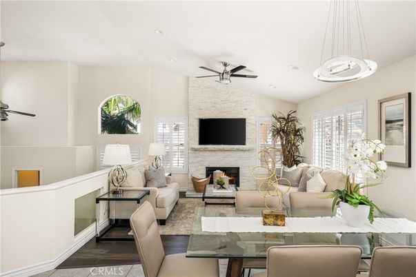 Dining room, Fireplace, Interior, Living room, Pendant Lights, Recessed Lighting, Stone Walls, Wood Texture Flooring