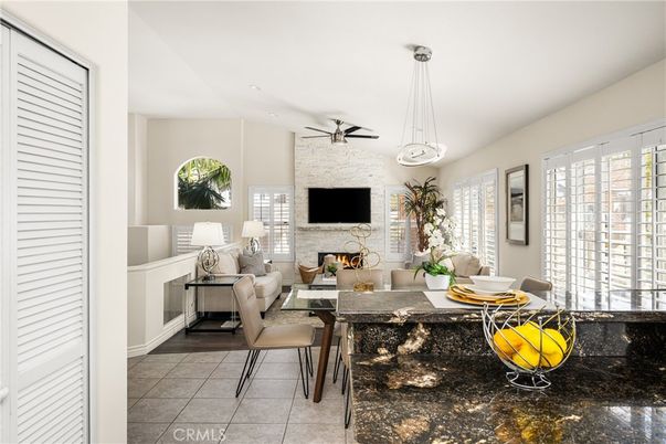 Dining room, Fireplace, Interior, Living room, Pendant Lights, Stone Walls