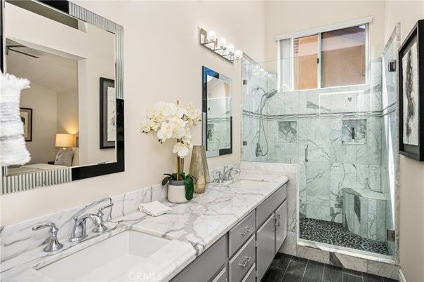 Bathroom, Dual Sink Vanities, Glass Shower, Interior, Marble Walls