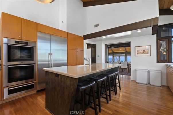 Interior, Kitchen, Recessed Lighting, Stainless Steel Appliances, Water, Wooden Beams, Wood Texture Flooring