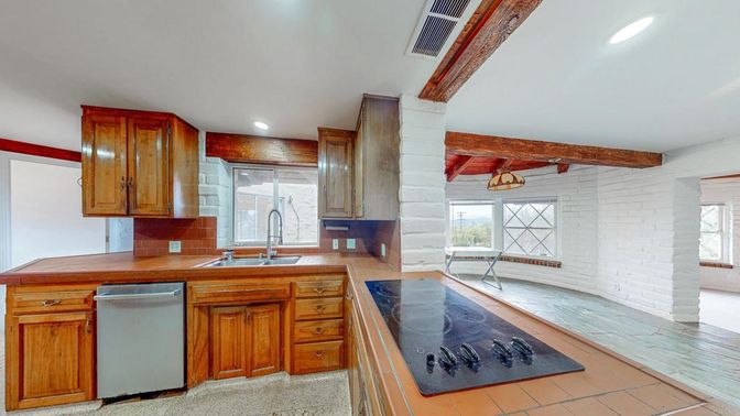 Interior, Kitchen, Pendant Lights, Recessed Lighting, Stone Walls, Wooden Beams, Wood Texture Flooring