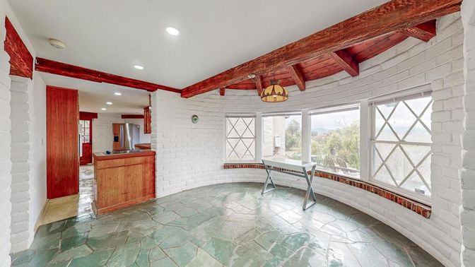 Interior, Recessed Lighting, Stone Walls, Wooden Beams