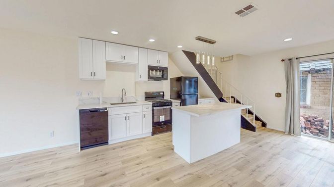 Interior, Kitchen, Pendant Lights, Recessed Lighting, Stainless Steel Appliances, Wood Texture Flooring