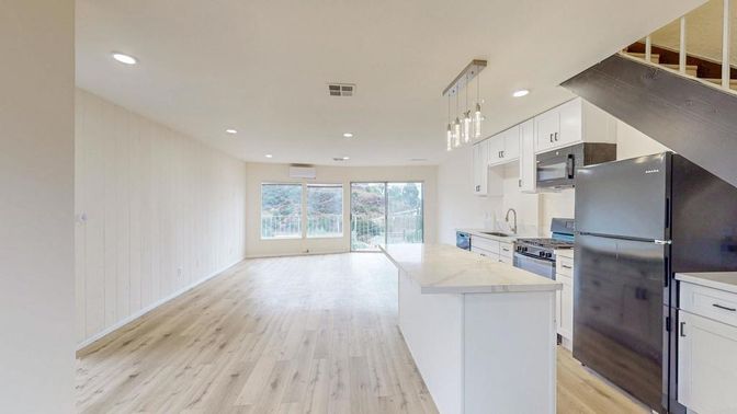 Interior, Kitchen, Pendant Lights, Recessed Lighting, Wood Texture Flooring