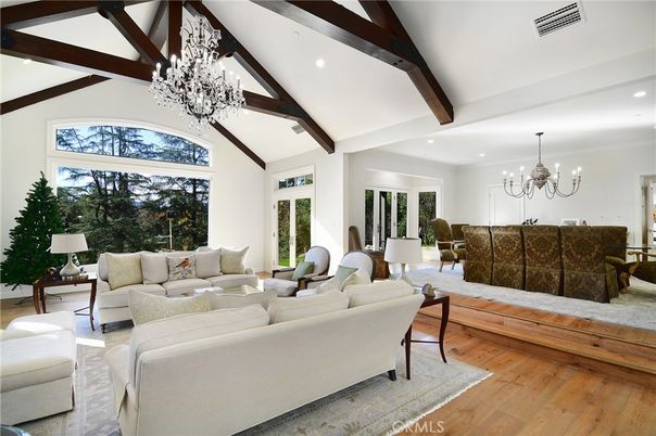 Chandelier, Interior, Living room, Recessed Lighting, Wooden Beams, Wood Texture Flooring