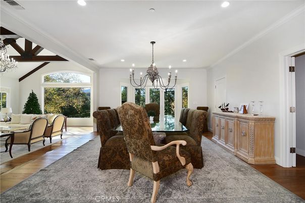 Chandelier, Dining room, Interior, Recessed Lighting, Wood Texture Flooring