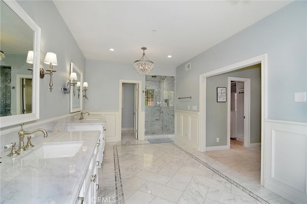 Bathroom, Chandelier, Dual Sink Vanities, Glass Shower, Interior, Marble, Recessed Lighting