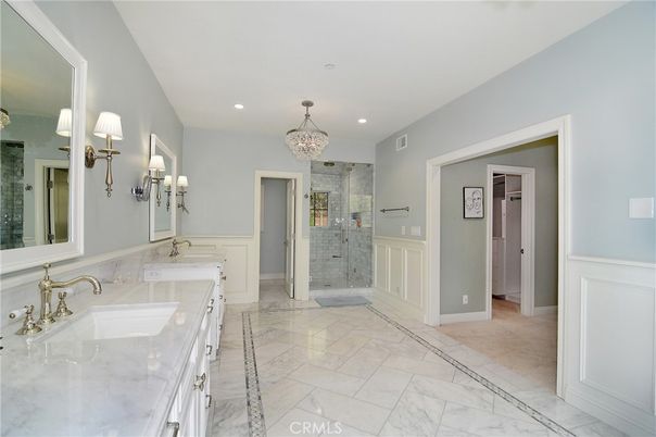 Bathroom, Chandelier, Dual Sink Vanities, Glass Shower, Interior, Marble, Recessed Lighting